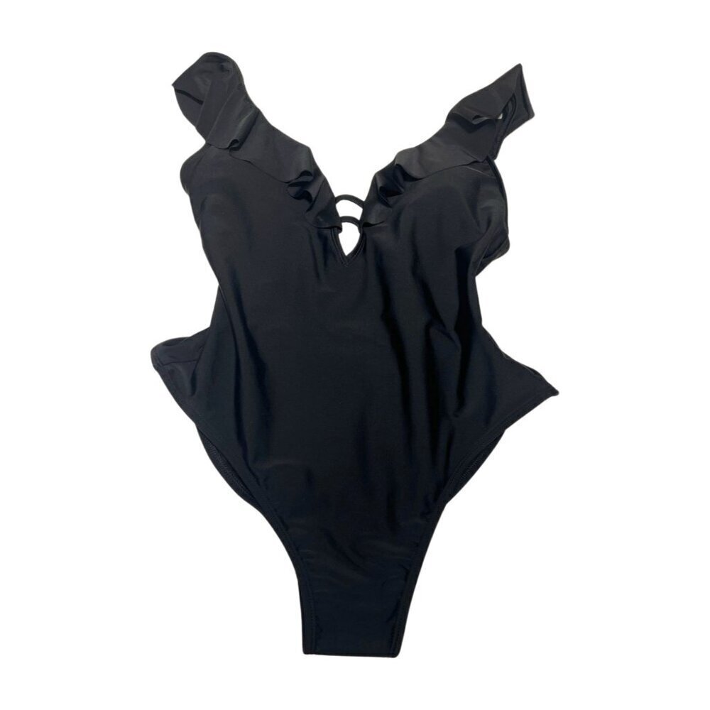 Shade & Shore NWT Black Ruffle Plunge One Piece Swimsuit Size Small
